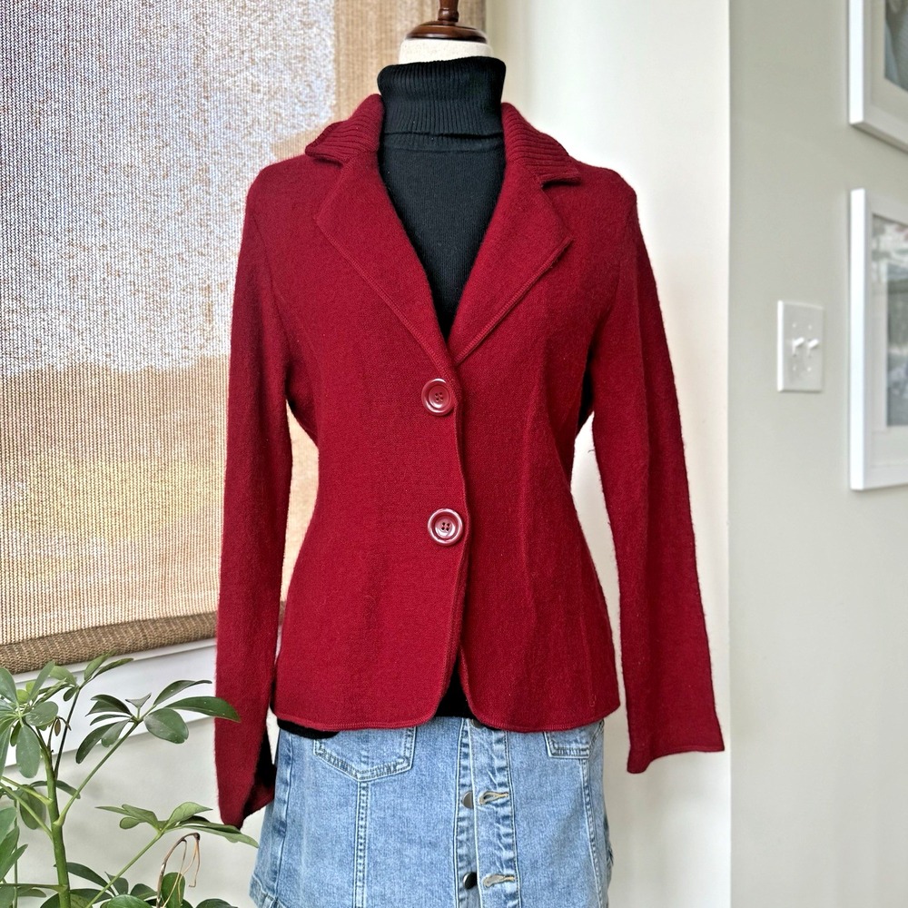 Jane Ashley Sweater Blazer Womens Medium Wool Blend Red Festive Jacket Buttons